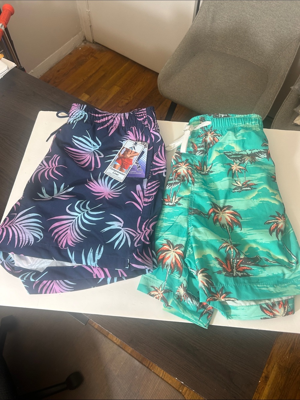 Men's Tropical Swim Hybrids - Navy with Teal & Pink Palm Print